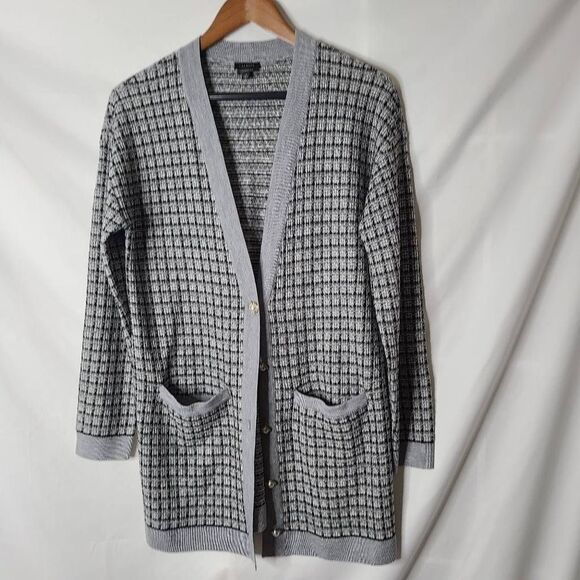 Talbots Pure Merino Wool Tweed‎ Plaid Longline Cardigan Sweater sz Small - Picture 1 of 4
